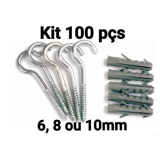 Kit de gancho e bucha para fixação de 6, 8 e 10 mm - 100 peças , sendo 50 ganchos e 50 buchas.