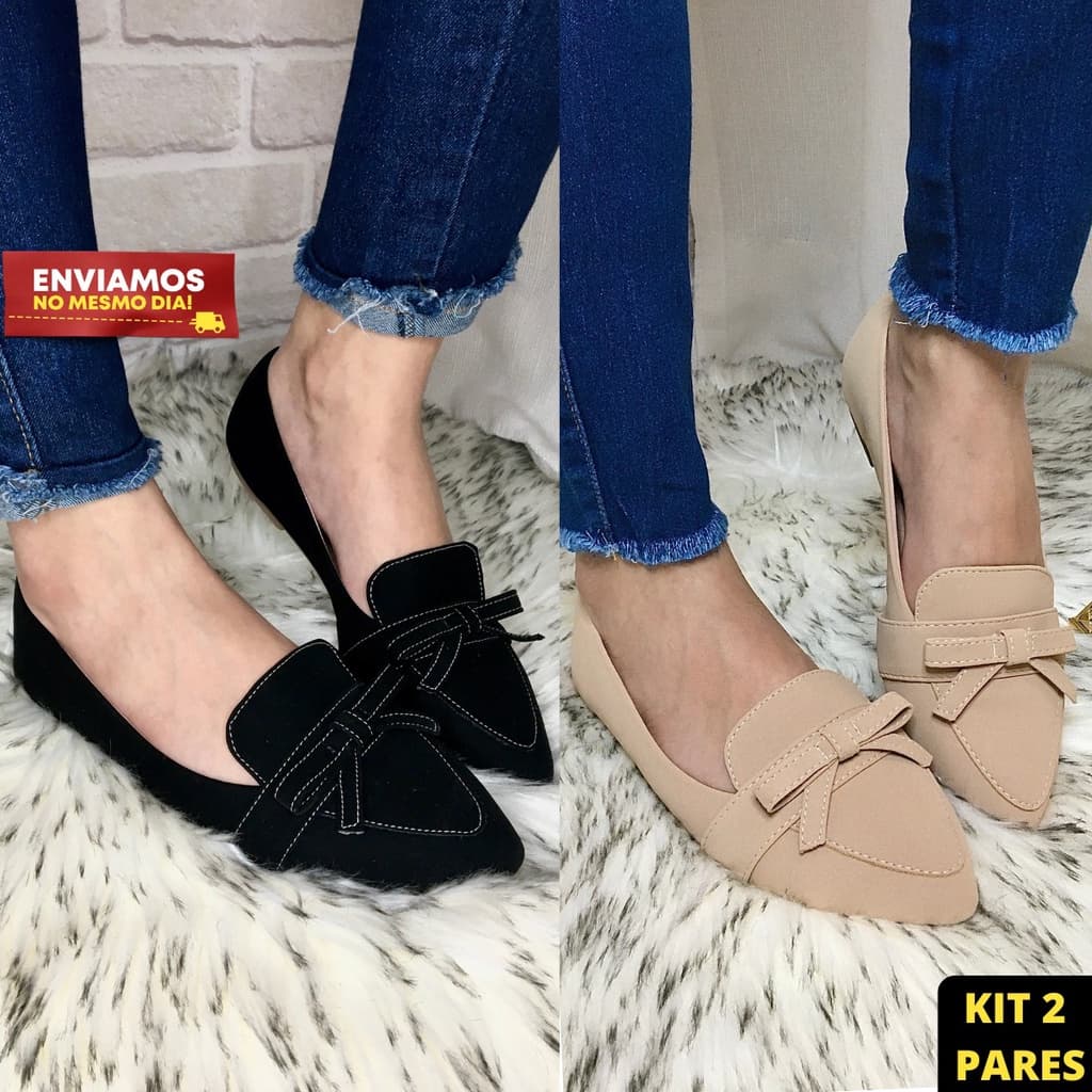 Kit Sapatilha Feminina 2 Pares Mocassim Feminino Bico Fino Rasteirinha Sapato Feminino Sandália Rasteira Casual Social
