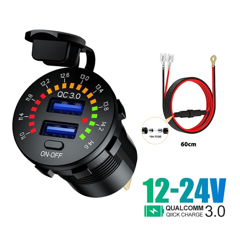 12 V Carga Rápida USB 3.0 Tipo C PD 18 W Saída Carregador Rápido Com LED Voltímetro De Carro À Prova D'água Em Off Interruptor