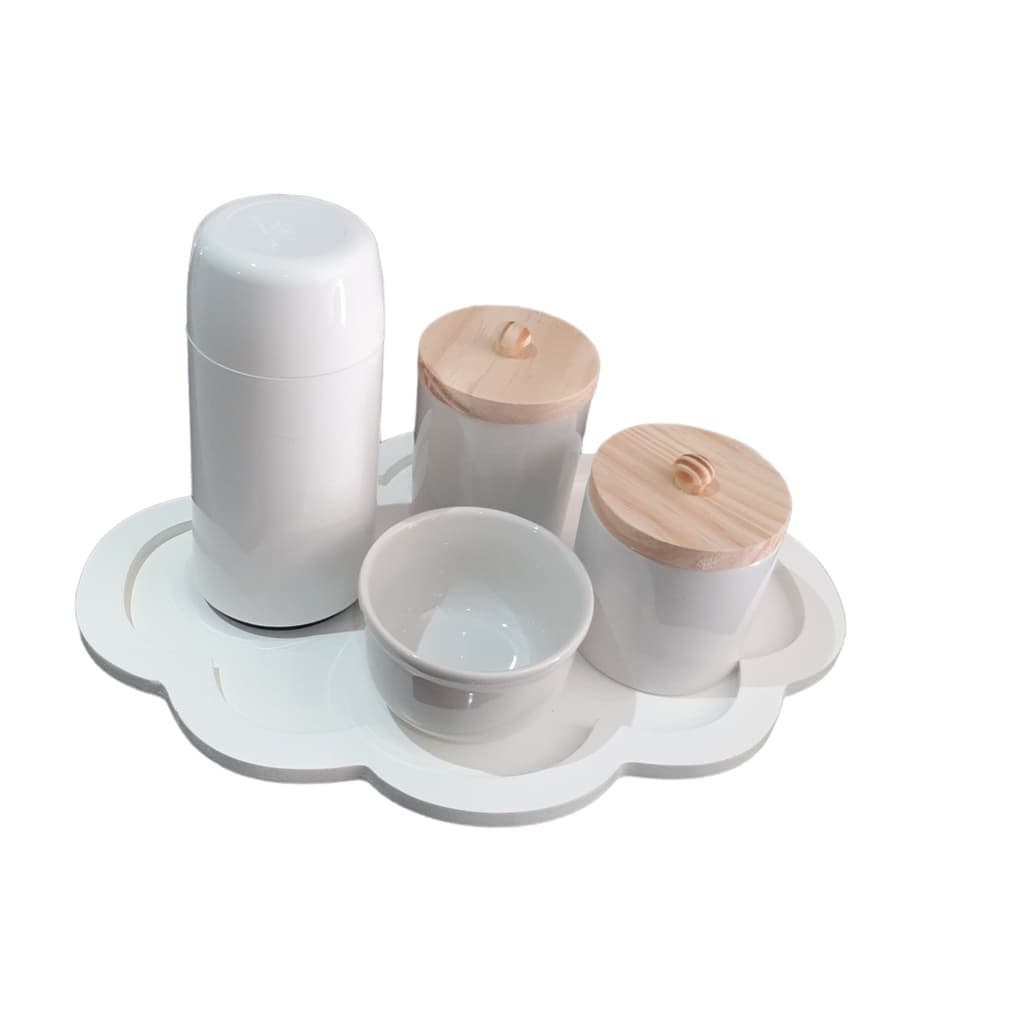 Kit Higiene Bebê Porcelana Branca Potes com Tampa Bandeja Nuvem branca maternidade menino menina