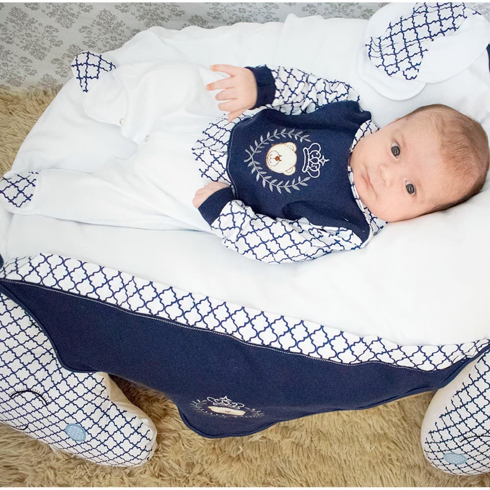 Saída de Maternidade Ursinho Theo Branco e Marinho 04 Peças