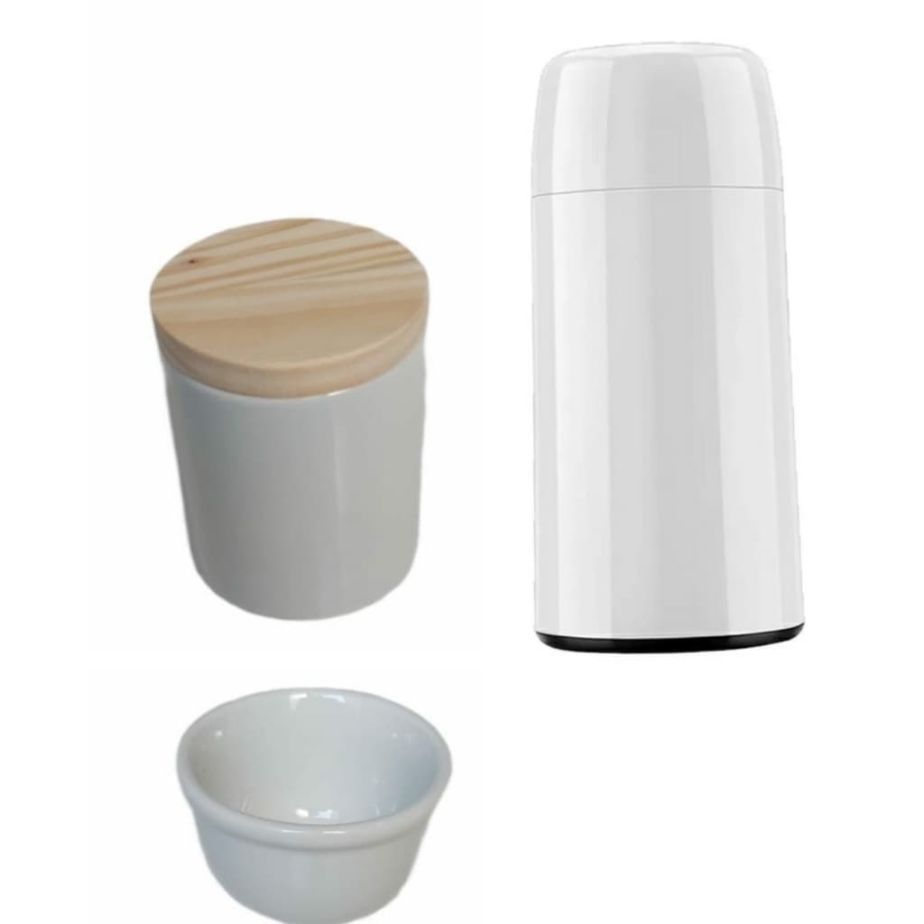 Kit Higiene Bebê Porcelana Branca com Tampa de Madeira Potes Garrafa Térmica 3 peçasmenino menina porta algodão cotonete