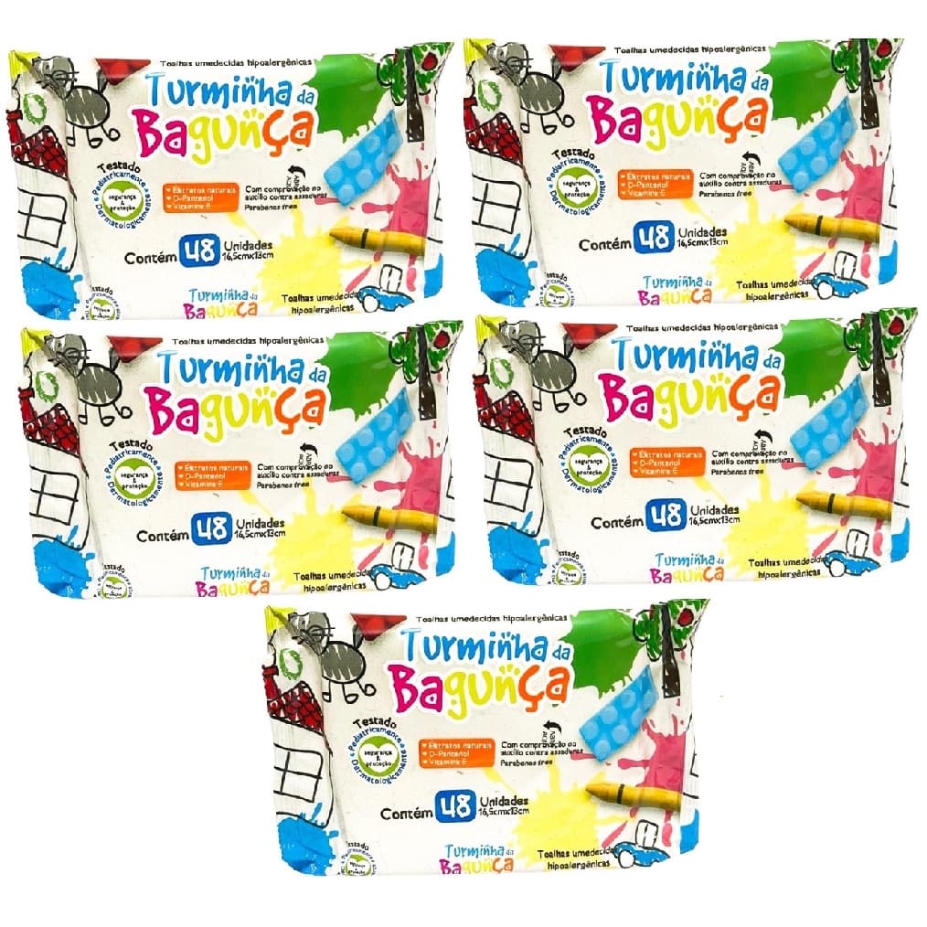 Kit com 5 - Lenço Umedecido Turminha da Bagunça Toalha Umedecida 48 Unidades