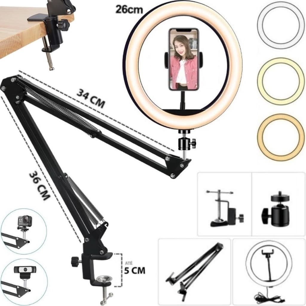 Suporte Articulado de Mesa + Ring Hing Light Luz Led Iluminador Bancada Estúdio Suporte Celular