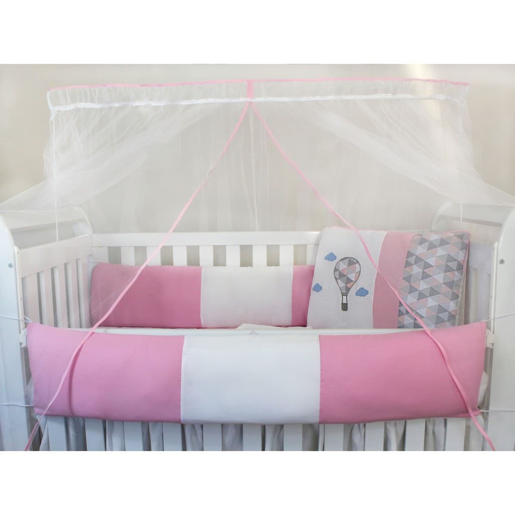 Kit Protetor de Berço Kids com Mosquiteiro Comum 7 peças Balão Rosa