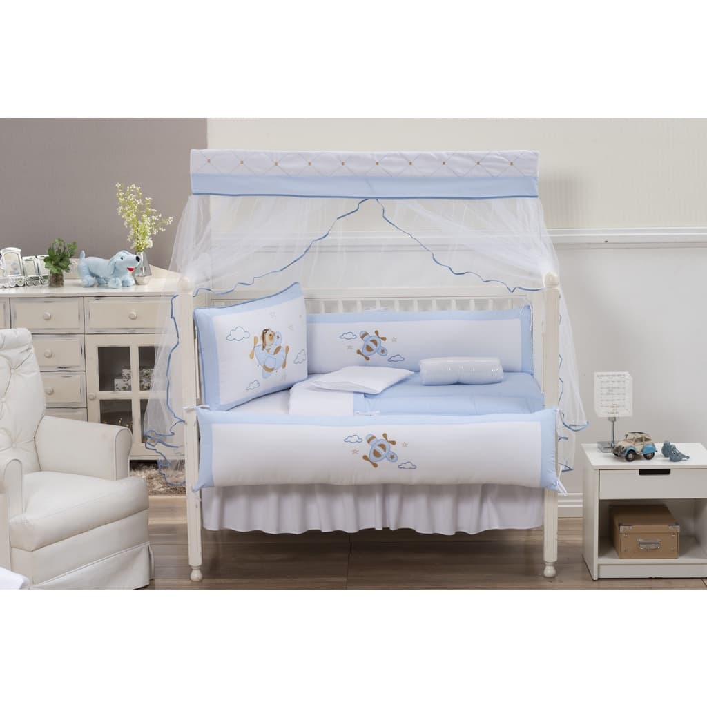 Kit Protetor De Berço 10 Peças com saia - Urso Aviador menino azul