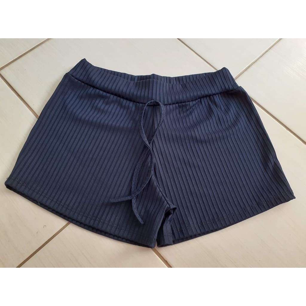 Shortinho Curto Soltinho Malha Canelada Azul - G