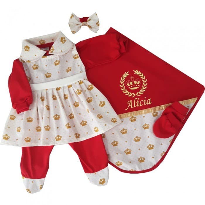 Saída Maternidade Menina Personalizada com o nome da Bebê Coroa Dourada 5 Peças