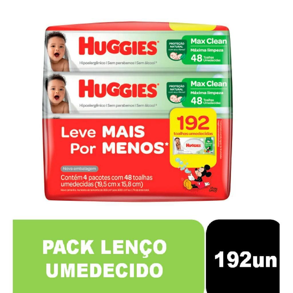 Kit com 04 pacotes de Lenços Umedecidos Huggies Max Clean 48 un (192 Unidades)