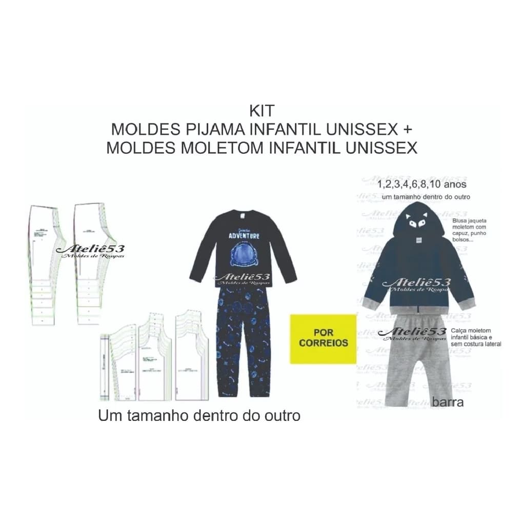 Kit Moldes de Roupa Pijama Malha + Molde Moletom Infantil Unissex Tamanhos 1,2,3,4,6,8,10 JUNTO Gramatura 80g JAQUETINHA