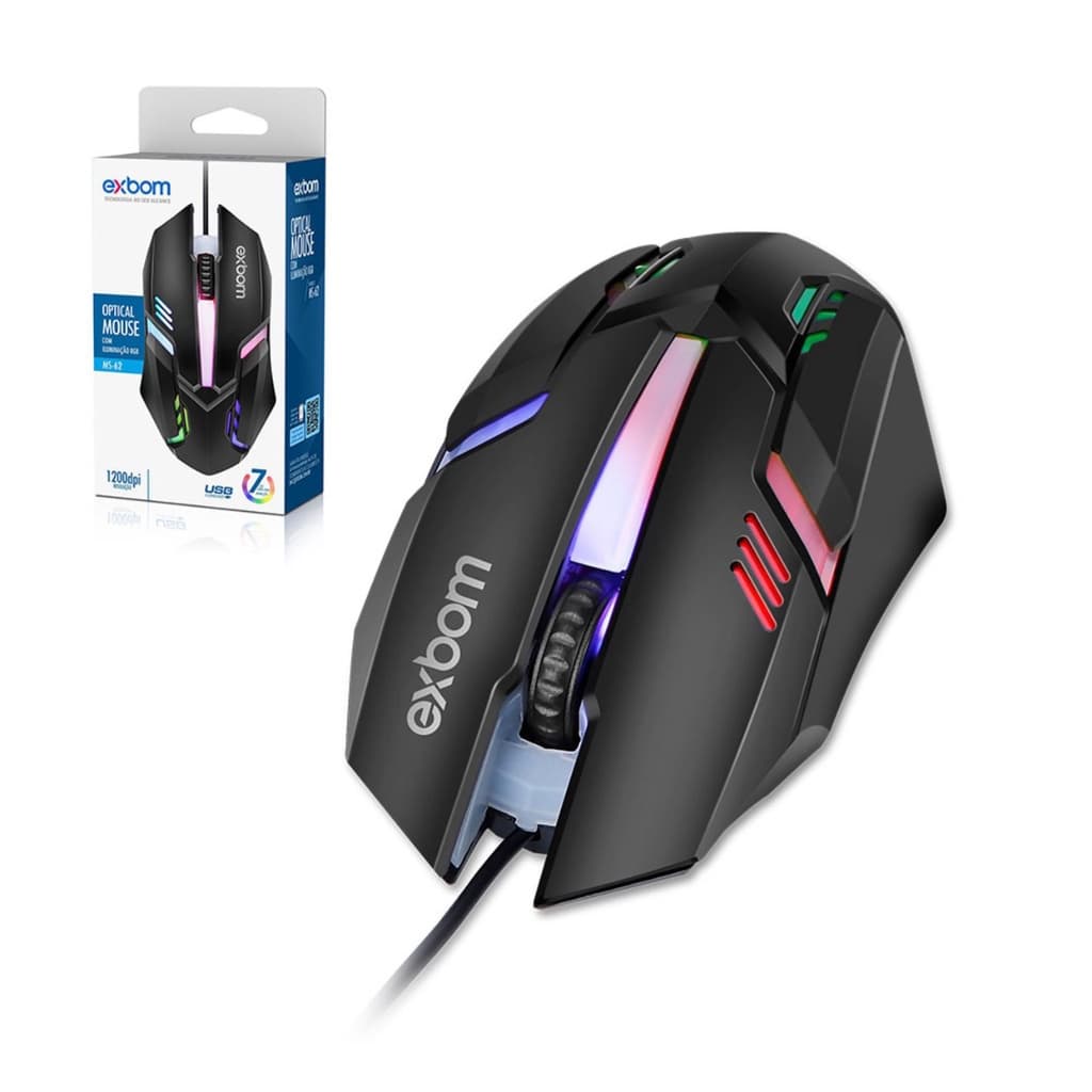Mouse com fio USB com iluminação RGB 1200 dpi MS-62 Exbom