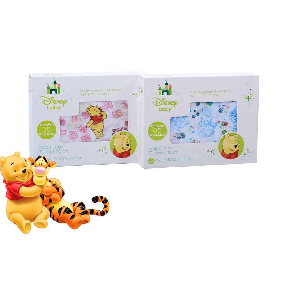 Fralda De Pano Pooh Bebe 70x70cm Caixa 5 Unidades Masculino e Feminino Alta Absorção