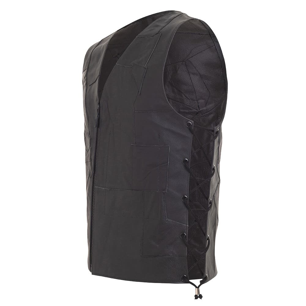 Colete Em Couro Legitimo Bovino Retalhado Com Fechamento Em Ziper Preto Motoclube