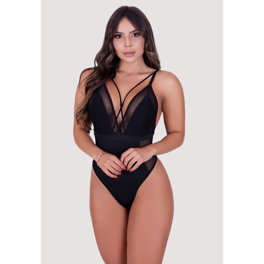 Body Feminino Sensual Alcinha Fina Com Strapy E Tule