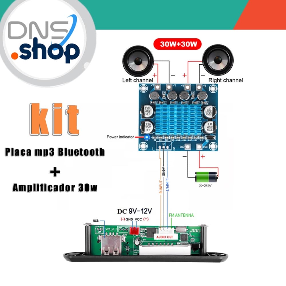 KIT Placa MP3 Bluetooth 5.0 USB/TF/Rádio + TPA-3110 2 Canais Estéreo 30W