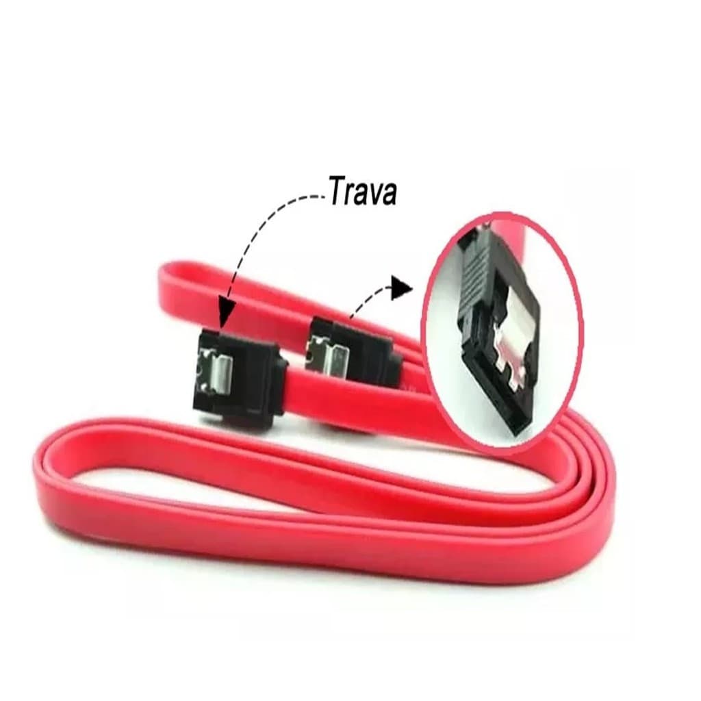 Cabo Sata de Dados 1 2 com Trava Cabo de transferência de dados Pode ser utilizado para conectar disco rígido e placa-mãe Padrões suportados SATA 1 150MBs e SATA 2 3Gbs 300MBs Tamanho 35 centímetros