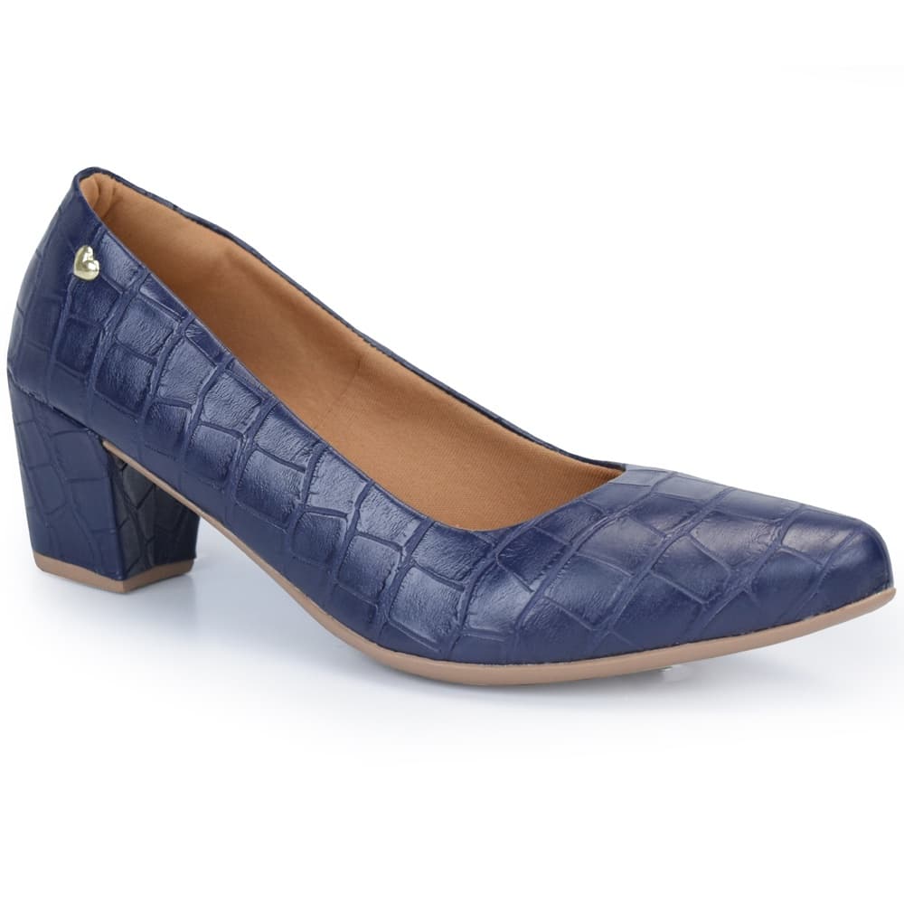 Scarpin Feminino Bico Fino Croco com Salto Bloco Baixo Grosso