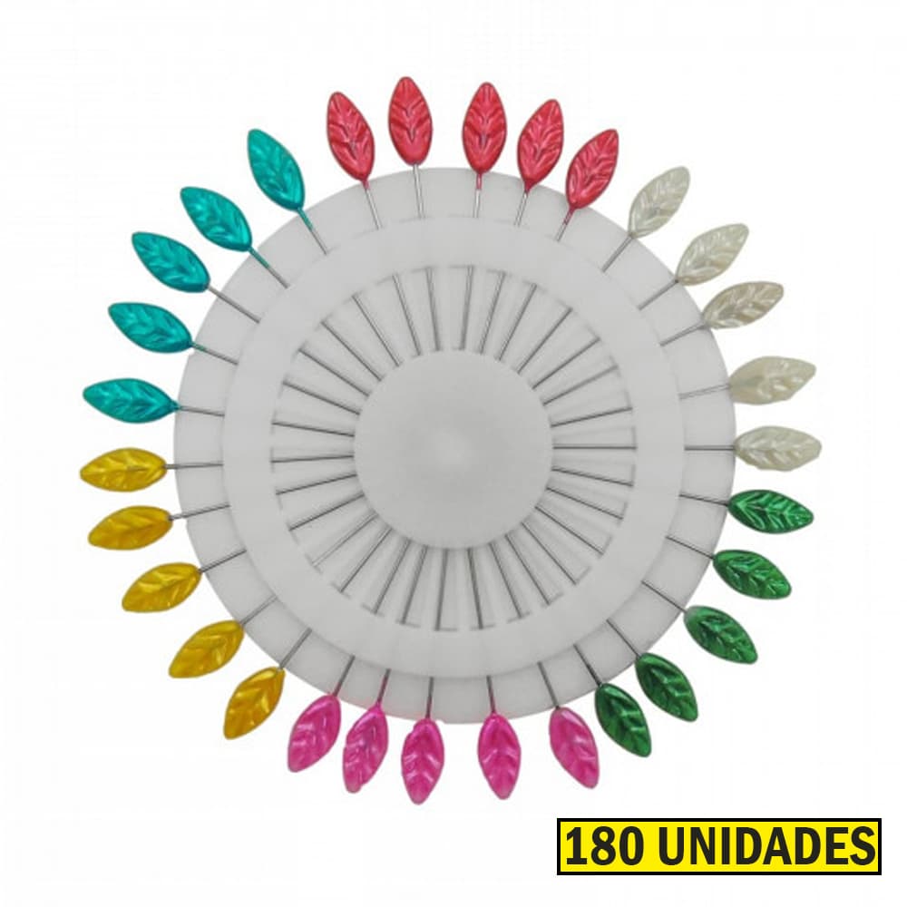 Alfinete Longo Cabeca Folha Colorido Costura 180 Unidades