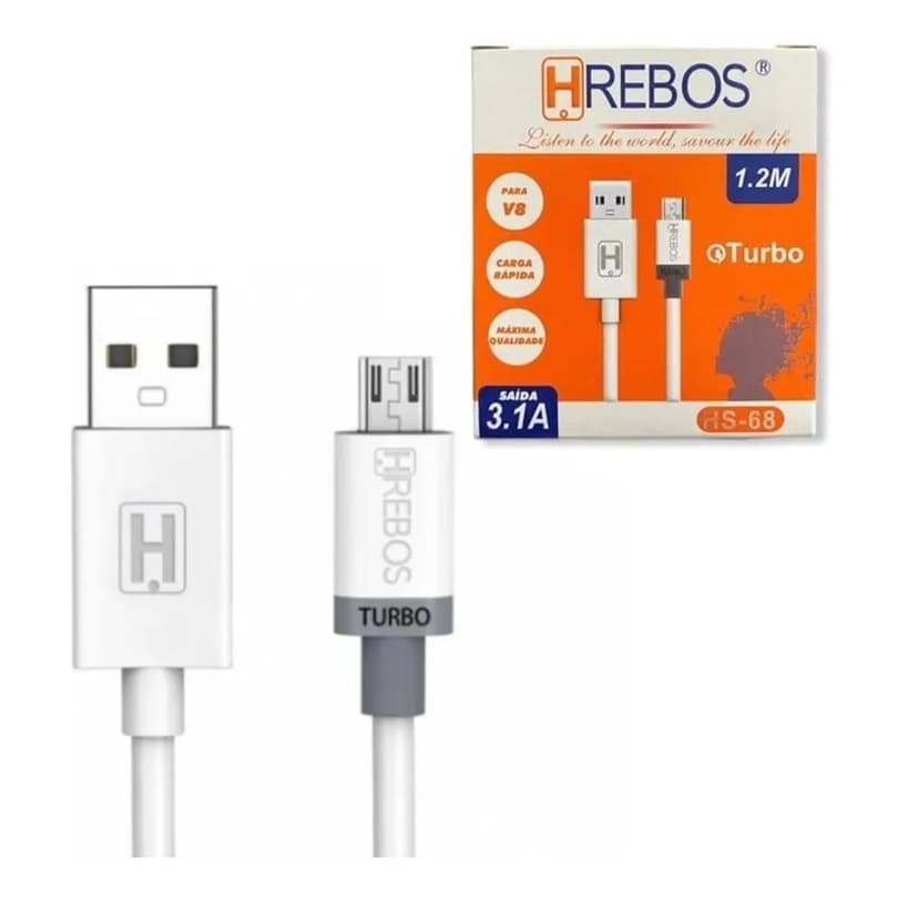 Cabo USB Turbo 3.1A Original Hrebos V8 Android 1.2m Atacado HS-68