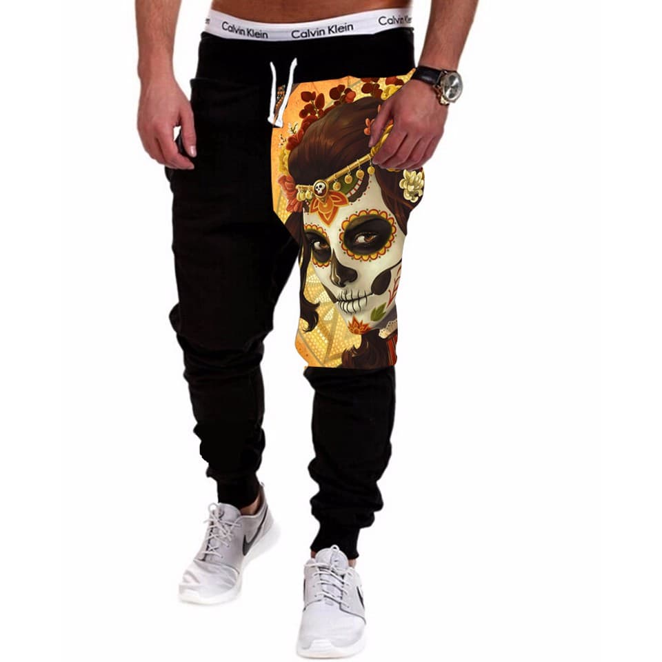 Calça Masculina de Moletom Estampada por Sublimação Mulher Caveira Mexicana Dourada A196