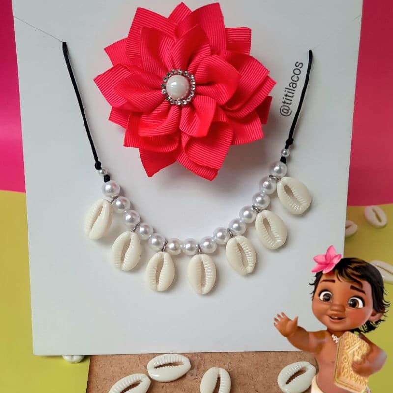 Kit Colar e Flor Moana Baby, Laço de cabelo Colar Moana Baby Infantil