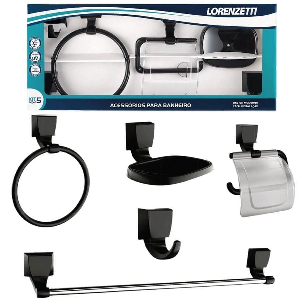 Acessórios para Banheiro Lorenzetti Quadra 05 Peças Preto 