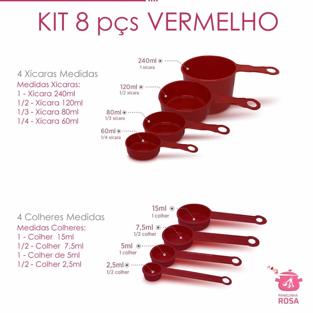 Medidores xicaras e colheres vermelho  - 8 peças cozinha