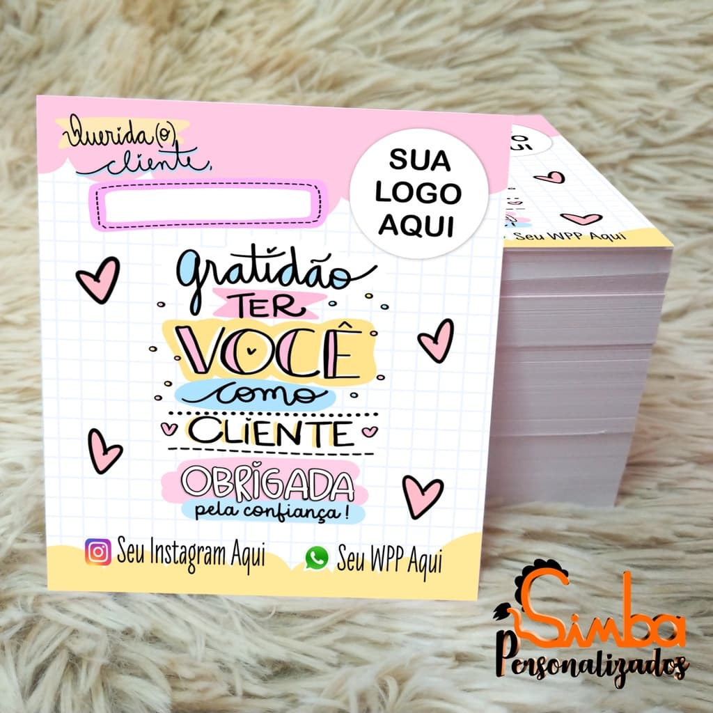 Cartão de Agradecimento Personalizado - 100un 10x9cm