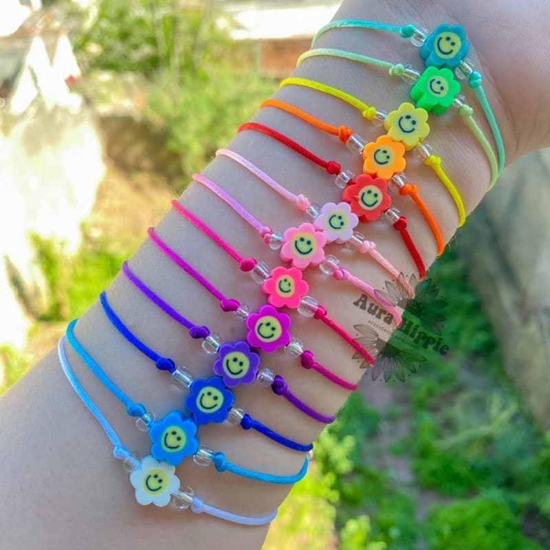 Pulseira Avulsa Unitaria Florzinha Flor Smile Flor Feliz Miçangas Pulseiras Infantis Infantil Pulseira Casal Amizade