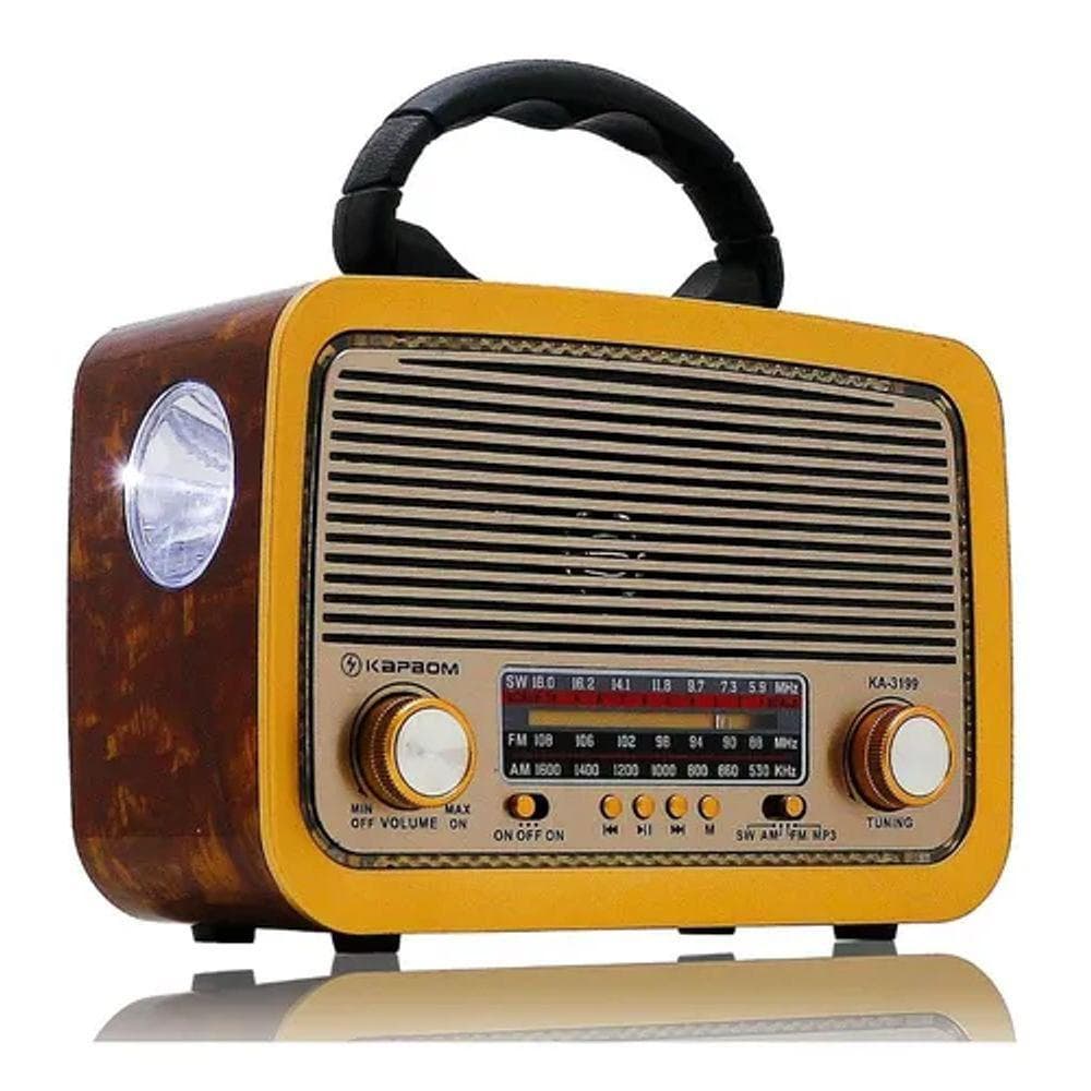 Rádio Portátil Am Fm Retrô com USB Recarregável Bivolt Lanterna KA-3199