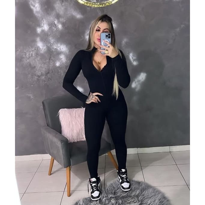 Macacão Manga Longa Canelado - Gringa - Preto / Nude Feminino