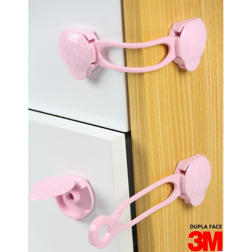 4 Travas Gaveta Armário Segurança Bebê Rosa - Adesivo 3M VHB