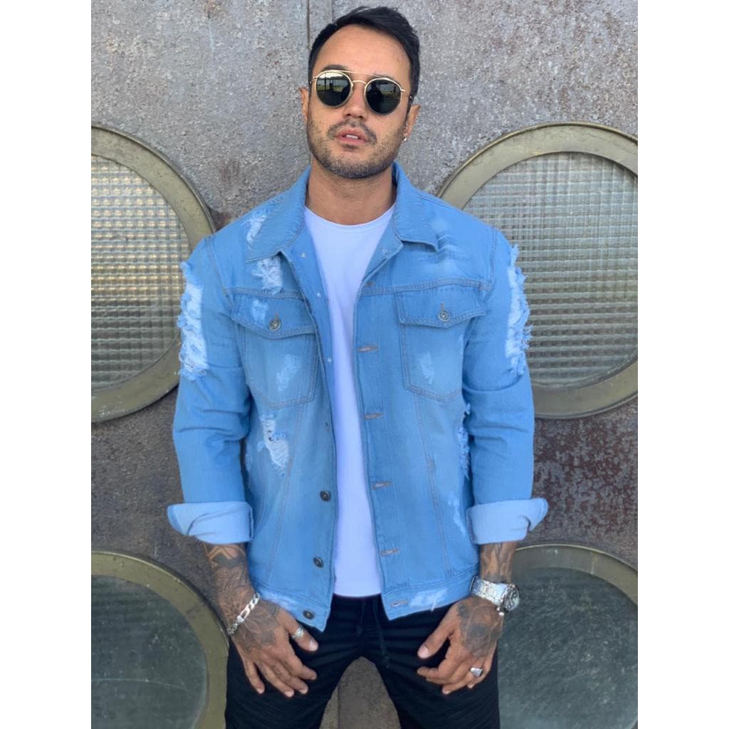 Jaqueta Jeans Masculina  Azu lClara Destroyer, Rasgada No Estilo