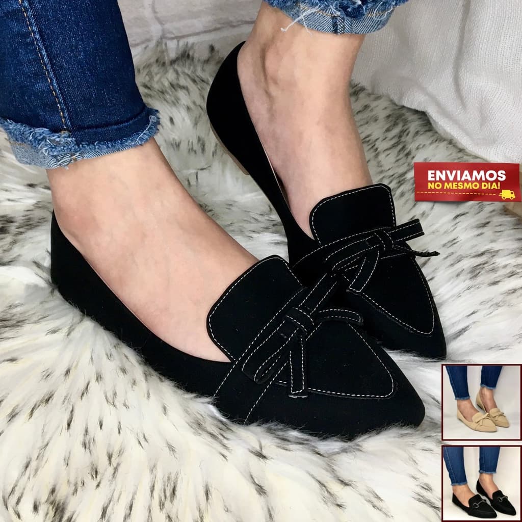 Sapato Feminino Mocassim Feminino Sapatilha Feminina Casual Social Bico Fino Rasteira Confortável Preto Nude Moda