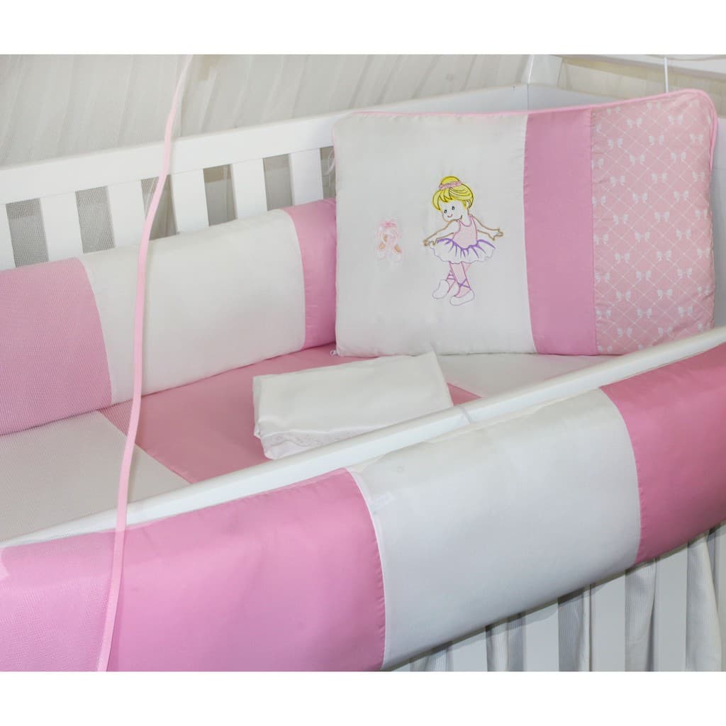 Kit Protetor de Berço Kids com Mosquiteiro Comum 7 peças Bailarina Rosa