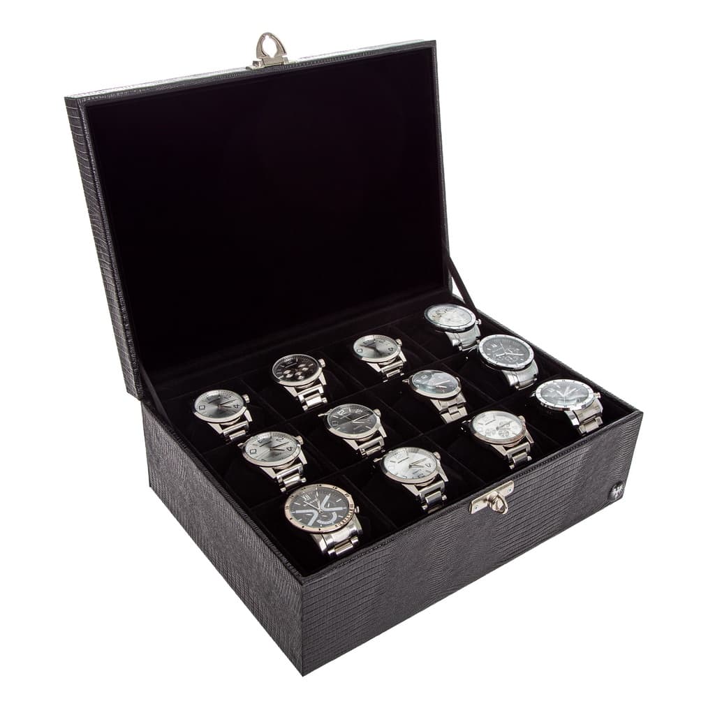 Porta Relógio Total Luxo Caixa Couro Ecológico 12 Nichos Maiores