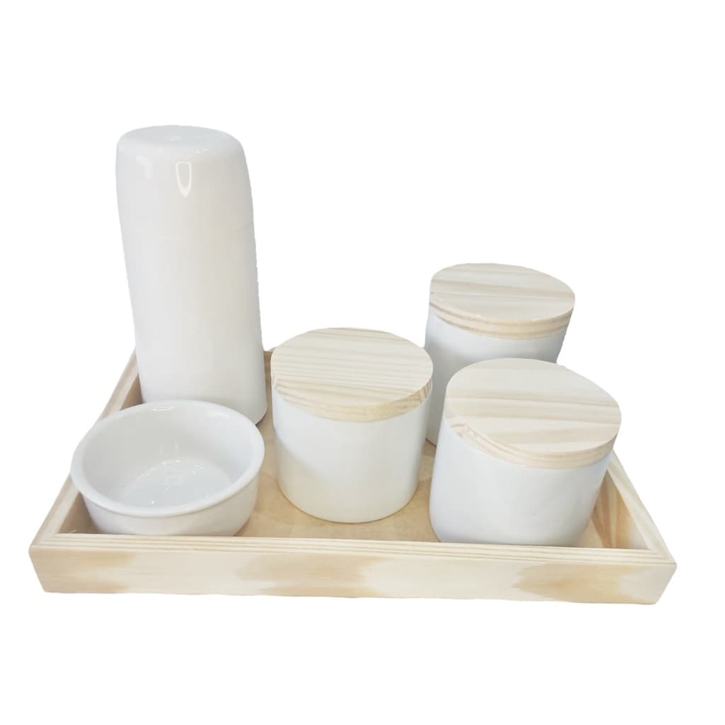 Kit Higiene Bebe Porcelana Branco Gelo 6 Peças Bandeja Retangular Potes Mini Garrafa Termica Molhadeira