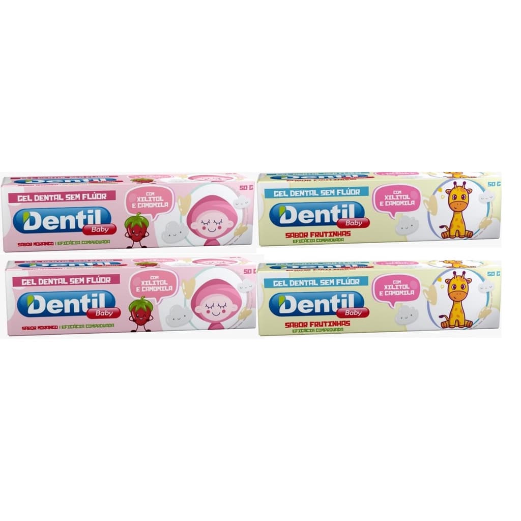 Kit 4 Creme Dental Dentil Baby Sem Flúor Com Xilitol 0-3 Anos Sabor Frutinha e Morango.