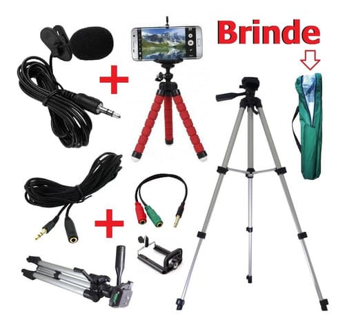 Kit Tripé 1,30m + Microfone De Lapela P/ Celular + Extensão BHK