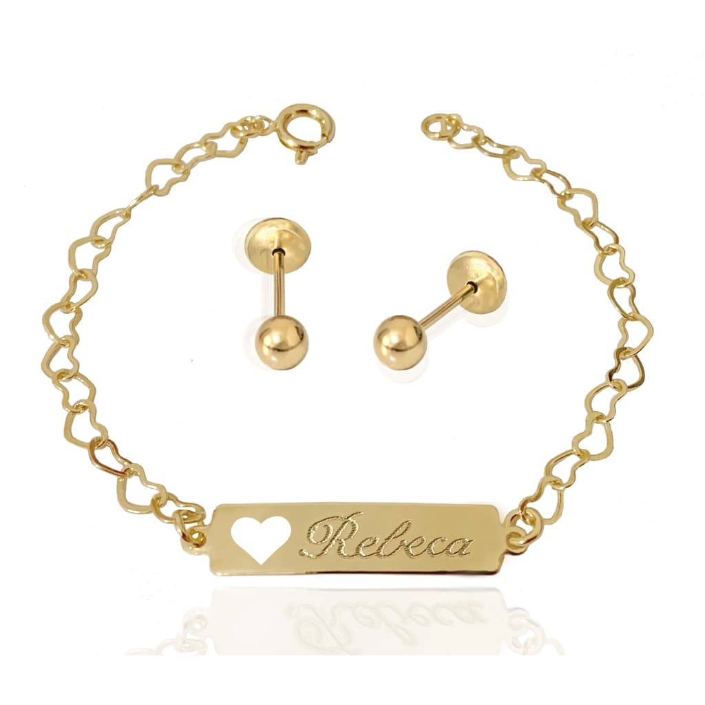 Kit Infantil Brinco e Pulseira Antialergico com Nome Gravado Banhado a Ouro 18k + Garantia