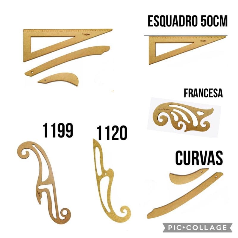 Kit de 6 Régua de Costura Modelista Completo em MDF Esquadro 50cm Francesa Curvas 1199 e 1120 em MDF
