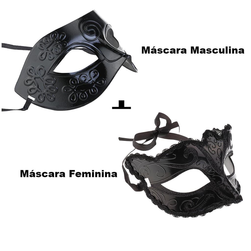 kit Mascara Feminina mod12 Preta + Máscara Masculina Festas Eventos Bailes Fantasia Sexy Halloween Carnaval Encontros
