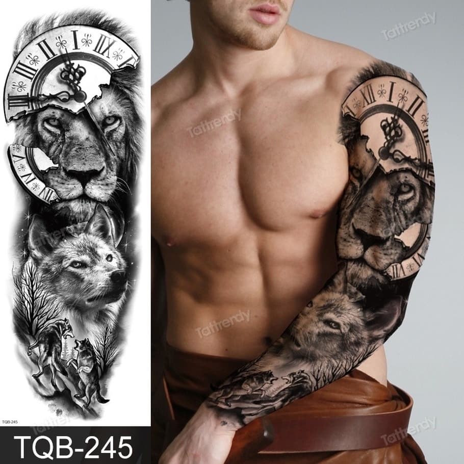 Tatuagens temporary Braço Completo Manga Grande Corpo Para Mulheres Dos Homens À Prova D'água Preto Tatuagem Adesivo Crânio Leão Lobo Relógio tatoo Popular