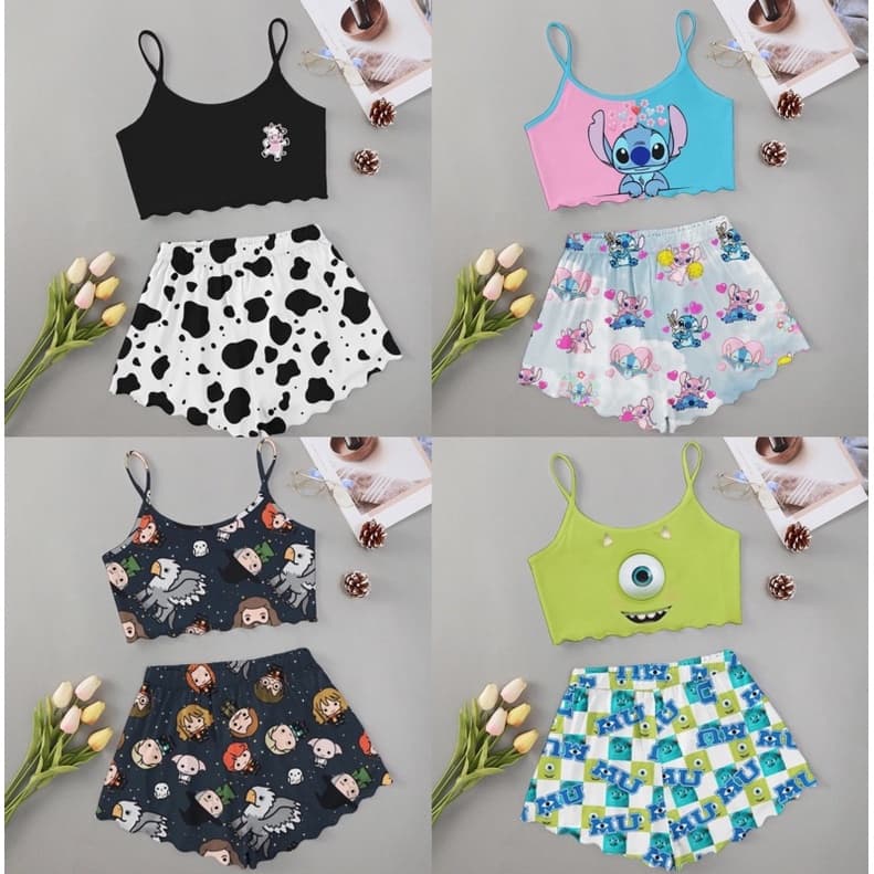 Pijama Feminino Personagem Homem Aranha Spider Man Hello Kit Stitch Harry Potter Moda Verão Estilo Baby Doll