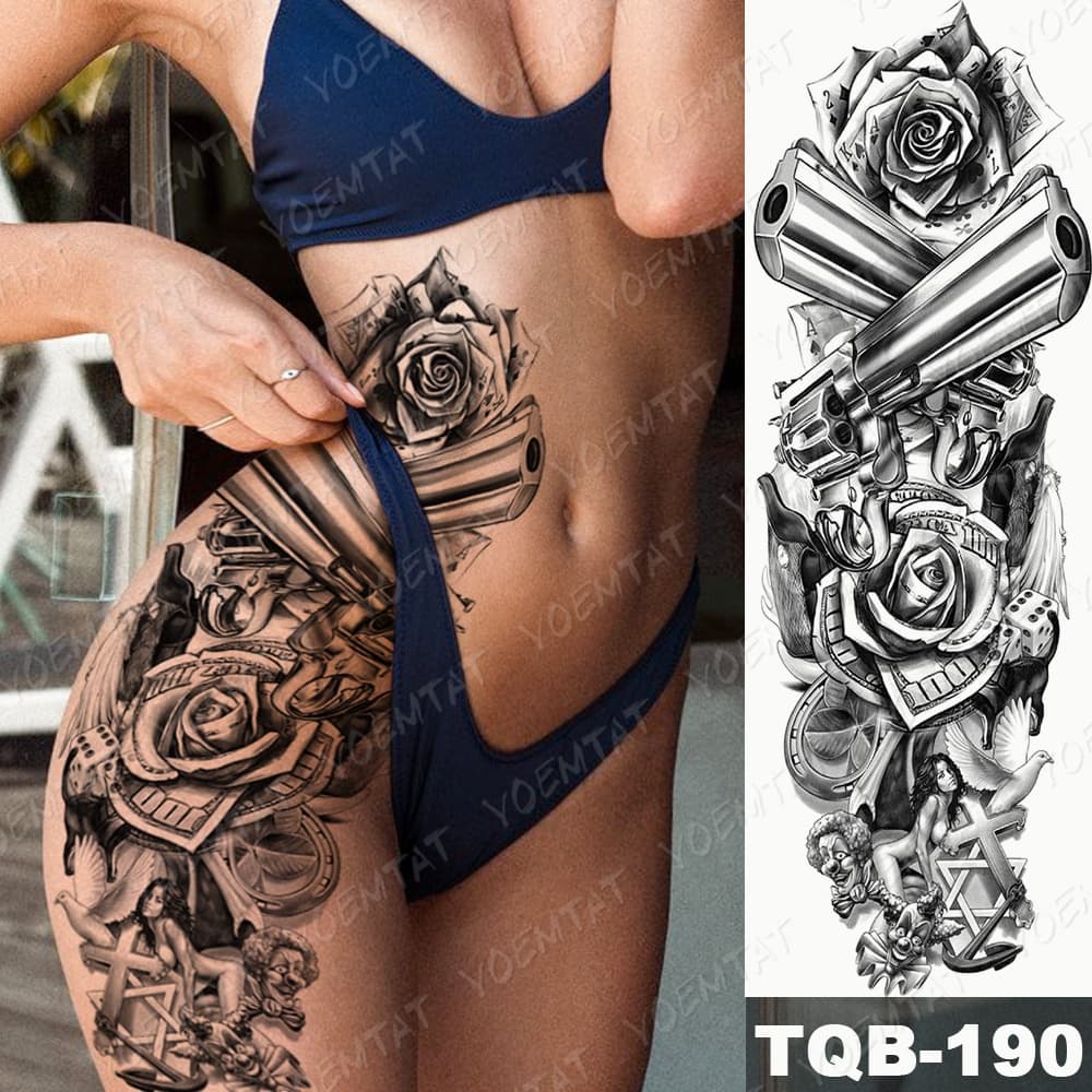 Grande Tatto Temporária À Prova D'água Saco Do Braço Manga Tatuagem Arma Rosa Leão Relógio Flor Perna Da Cintura Corpo Arte Completa Falso Tatoo Mulheres