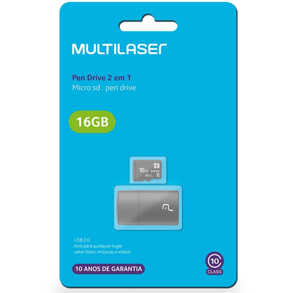 Cartão De Memória 16gb 2x1 Multilaser Classe 10 + Leitor Usb Lacrado MC162