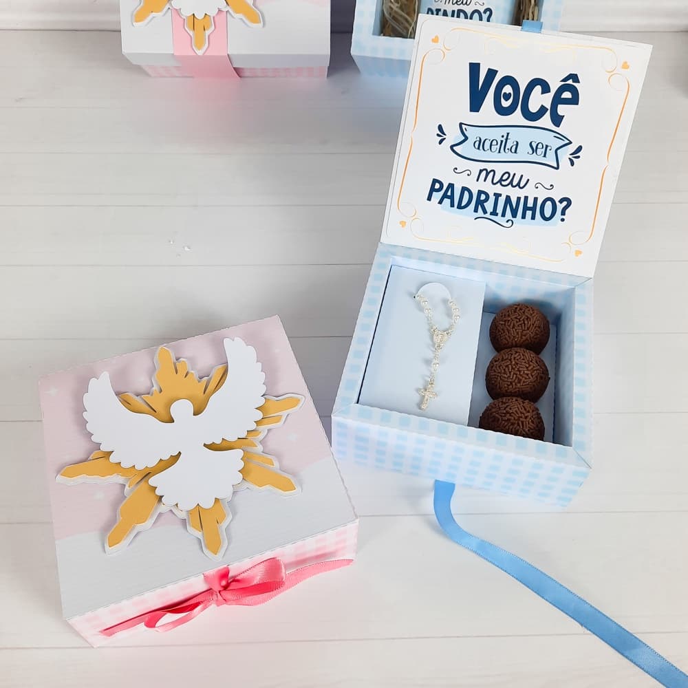 Caixa Convite Batizado Padrinho Madrinha terço