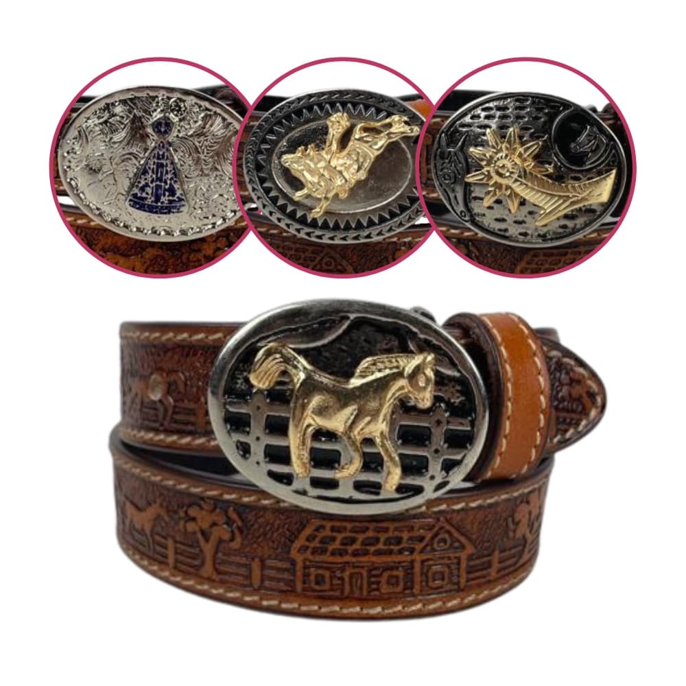 Cinto Infantil Unissex Em Couro Pyramid Country Várias Fivelas Estampa Entalhada