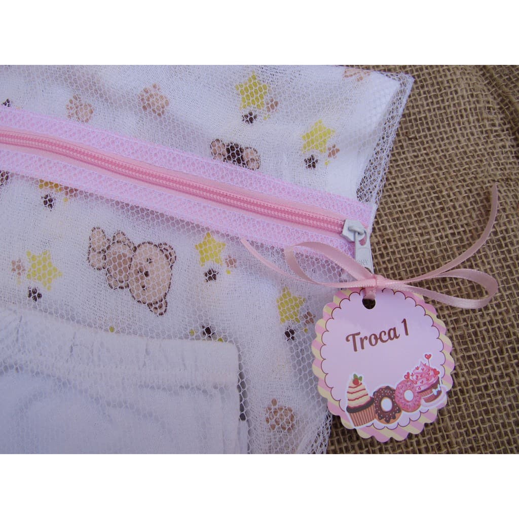 Kit Saquinho Maternidade 6 Unidades Zíper Rosa Bebê+ Tag Cupcake