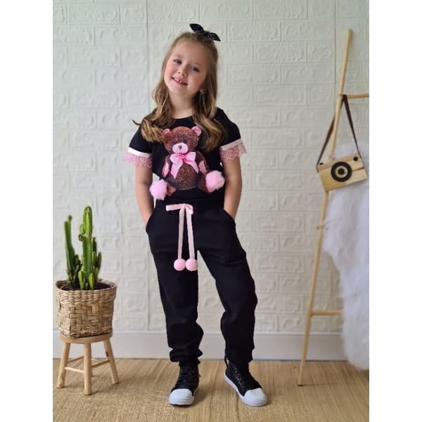 Conjunto de Criança Ursinho Menina Com PomPom Calça e Blusa Infantil/Juvenil Moda Fashion Blogueira